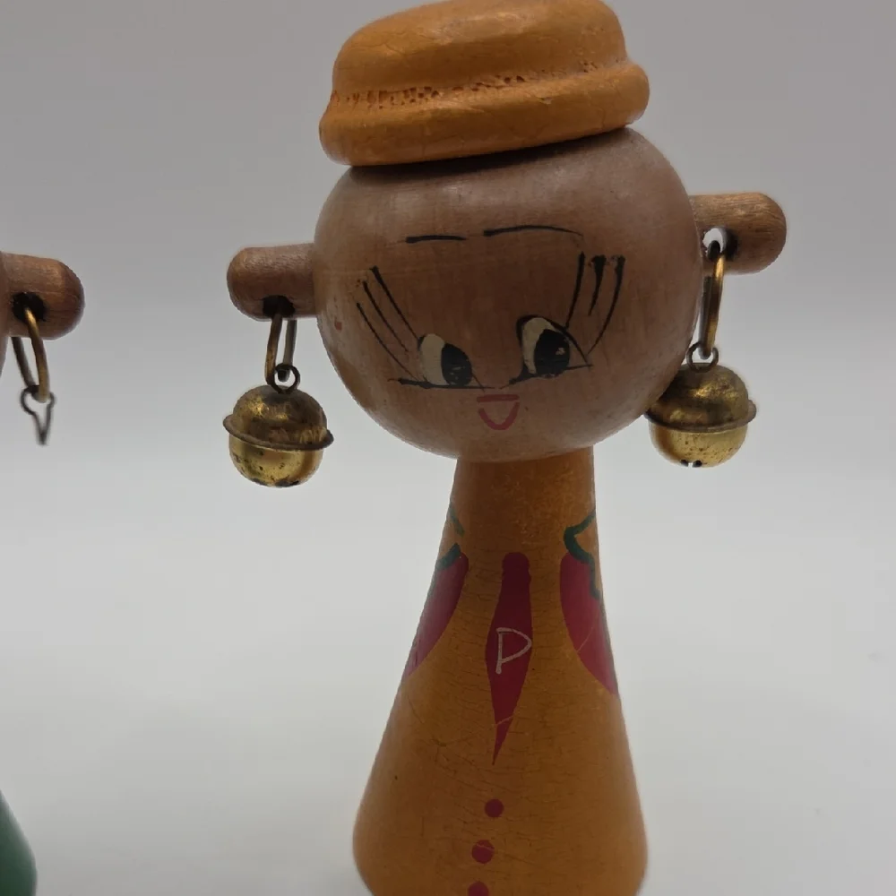 Salt and Pepper Shakers Set - Wooden People Green and Brown